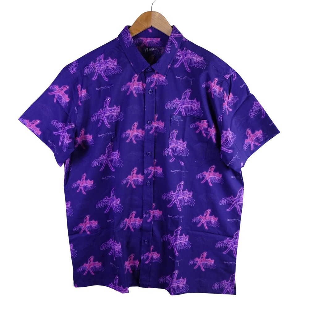 Retro Rifle Saws & Macaws Mens 2XL Purple Short Sleeve Button Down Stretch Shirt
